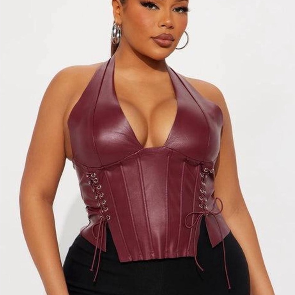 Burgundy Lace-Up corset halter Top